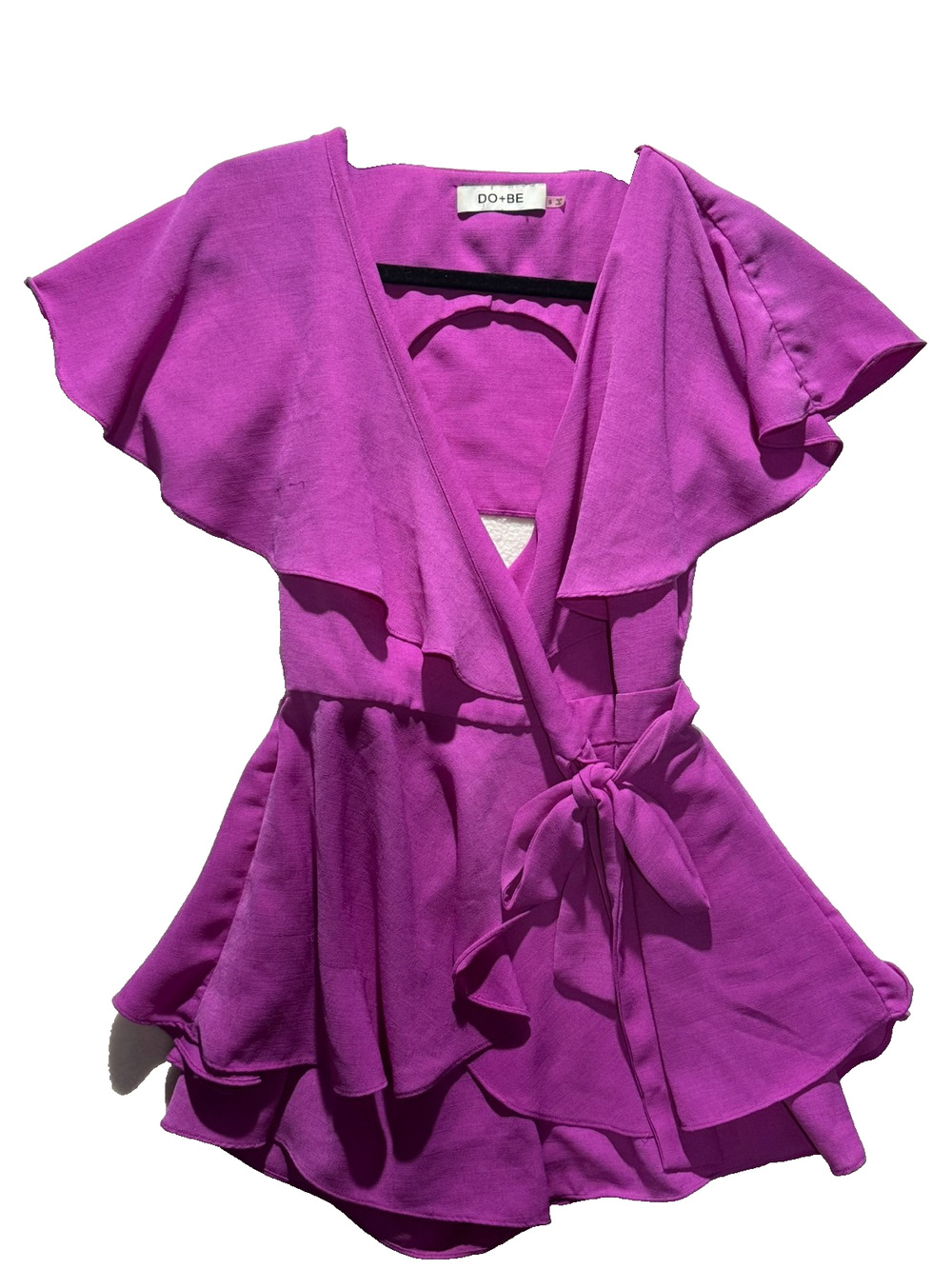 DO+BE Women’s Size S Hot Pink Ruffle Wrap Romper Tie Waist Flutter Sleeve